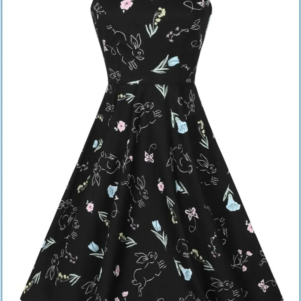 Hell Bunny NWT cotton Black Floral Bunnies Small  Easter dress Pin Up 50s - Picture 3 of 4